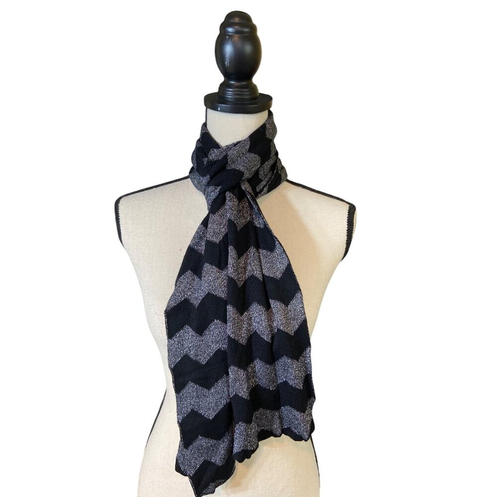 Womens Rectangle Scarf Black Silver Chevron Lightweight Knit Soft Metalic Goth